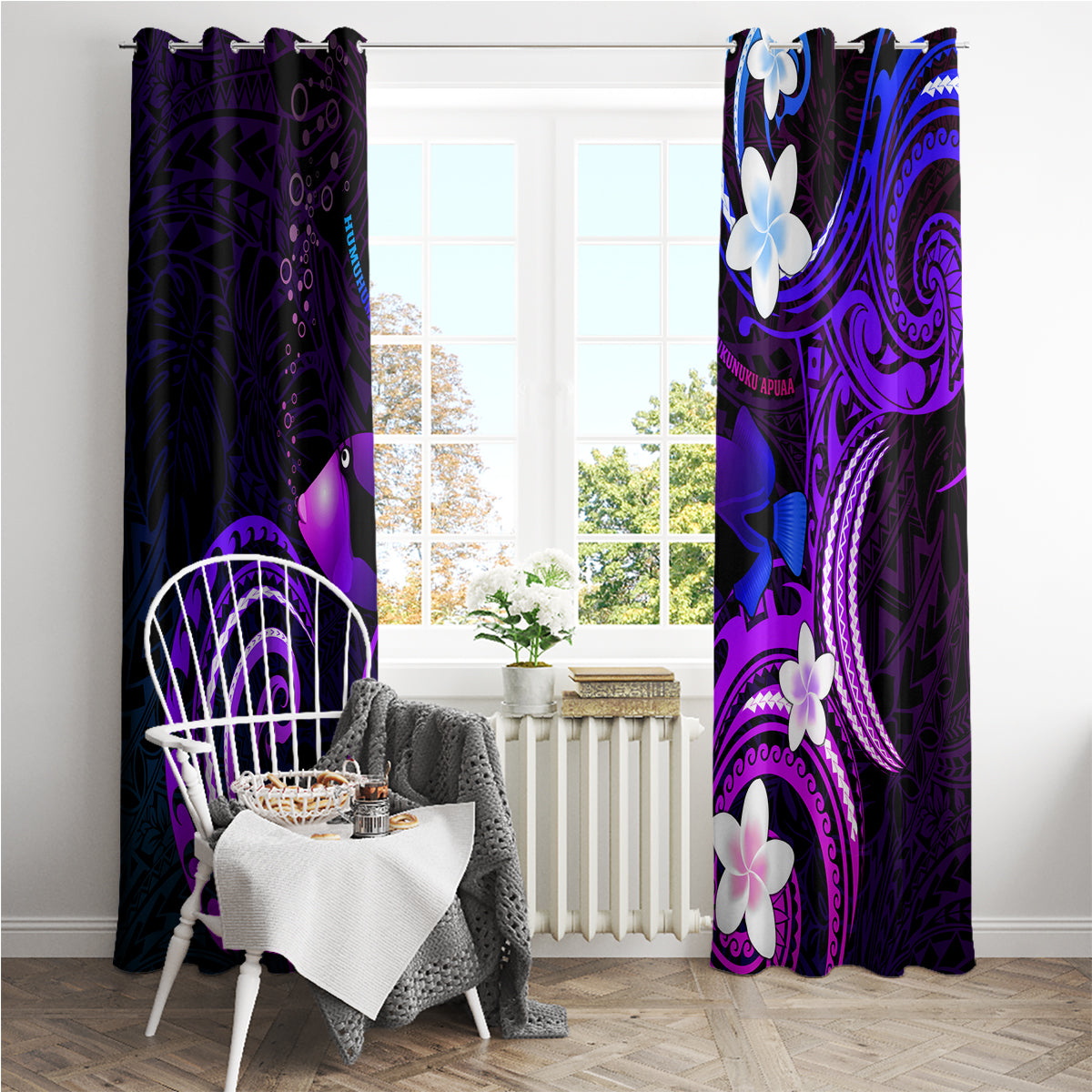 Hawaii Humuhumu Reef Triggerfish Window Curtain Violet With Plumeria LT05 - Polynesian Pride