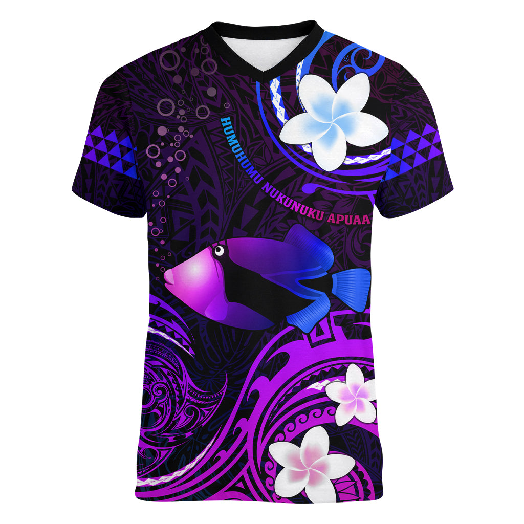 Personalised Hawaii Humuhumu Reef Triggerfish Women V Neck T Shirt Violet With Plumeria LT05 Female Violet - Polynesian Pride