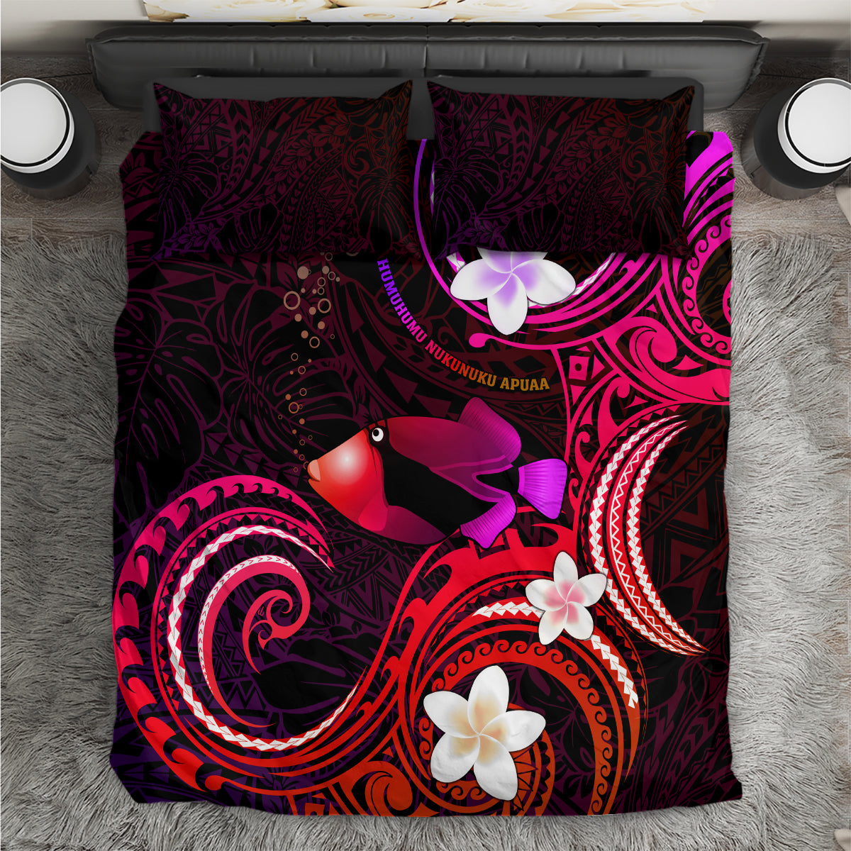 Hawaii Humuhumu Reef Triggerfish Bedding Set Maroon With Plumeria LT05 Maroon - Polynesian Pride