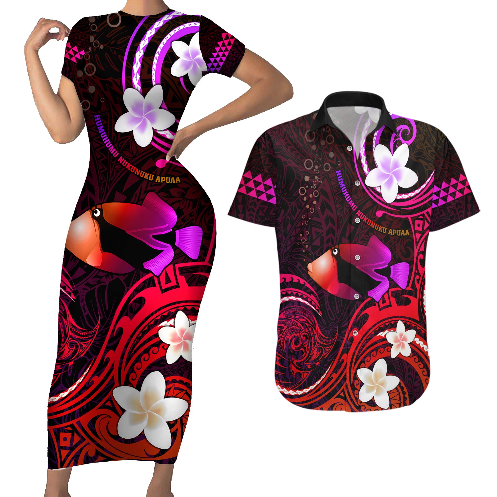 Personalised Hawaii Humuhumu Reef Triggerfish Couples Matching Short Sleeve Bodycon Dress and Hawaiian Shirt Maroon With Plumeria LT05 Maroon - Polynesian Pride