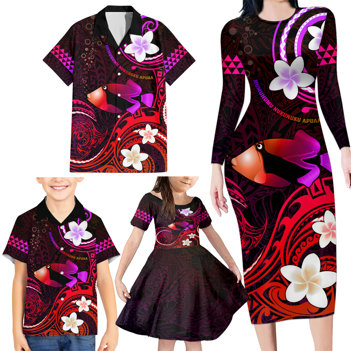 Personalised Hawaii Humuhumu Reef Triggerfish Family Matching Long Sleeve Bodycon Dress and Hawaiian Shirt Maroon With Plumeria LT05 - Polynesian Pride