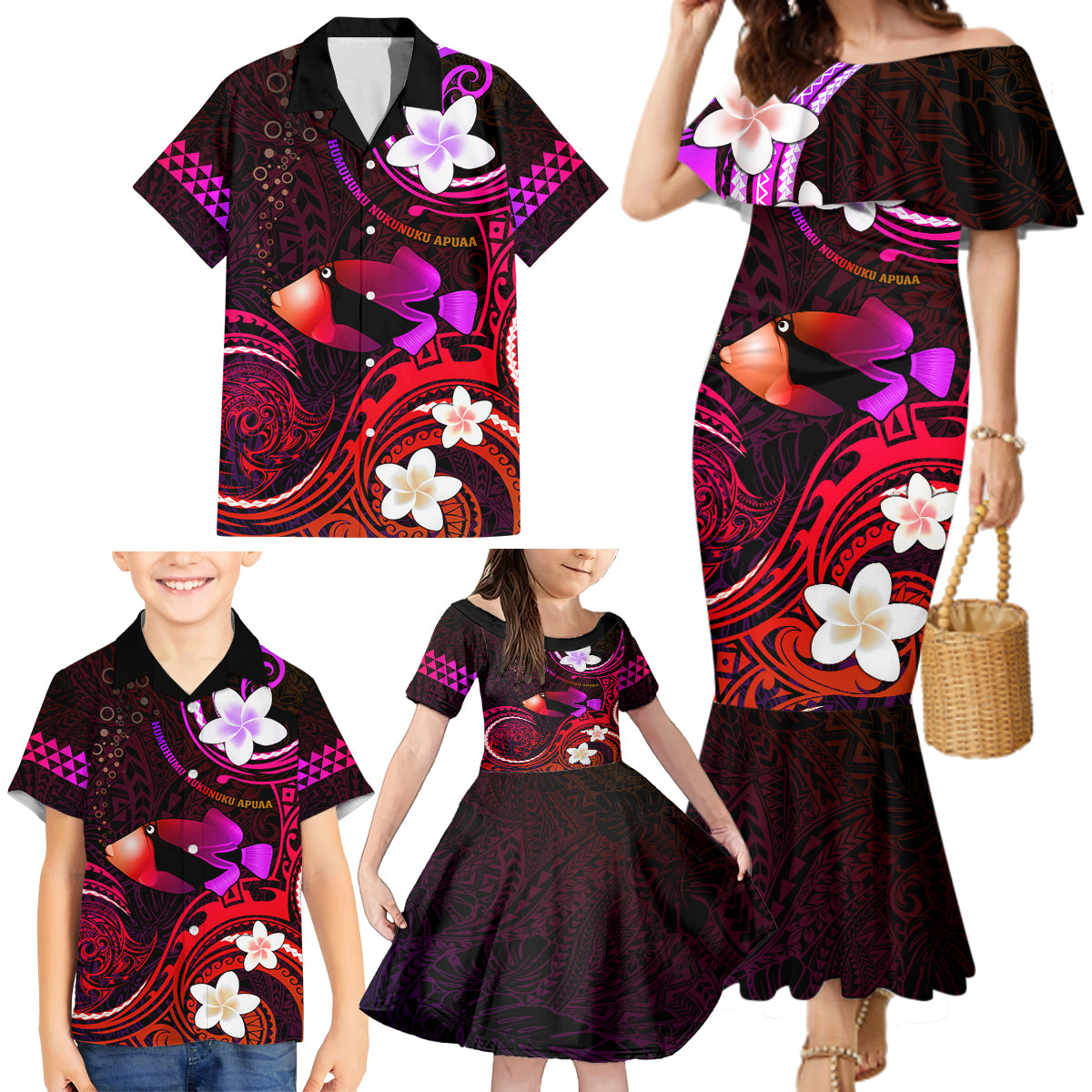 Personalised Hawaii Humuhumu Reef Triggerfish Family Matching Mermaid Dress and Hawaiian Shirt Maroon With Plumeria LT05 - Polynesian Pride