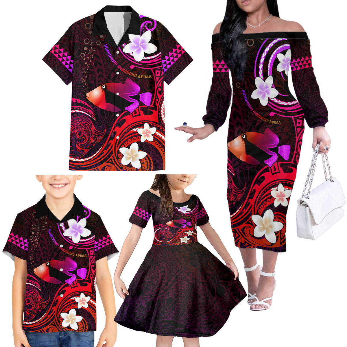 Personalised Hawaii Humuhumu Reef Triggerfish Family Matching Off Shoulder Long Sleeve Dress and Hawaiian Shirt Maroon With Plumeria LT05 - Polynesian Pride