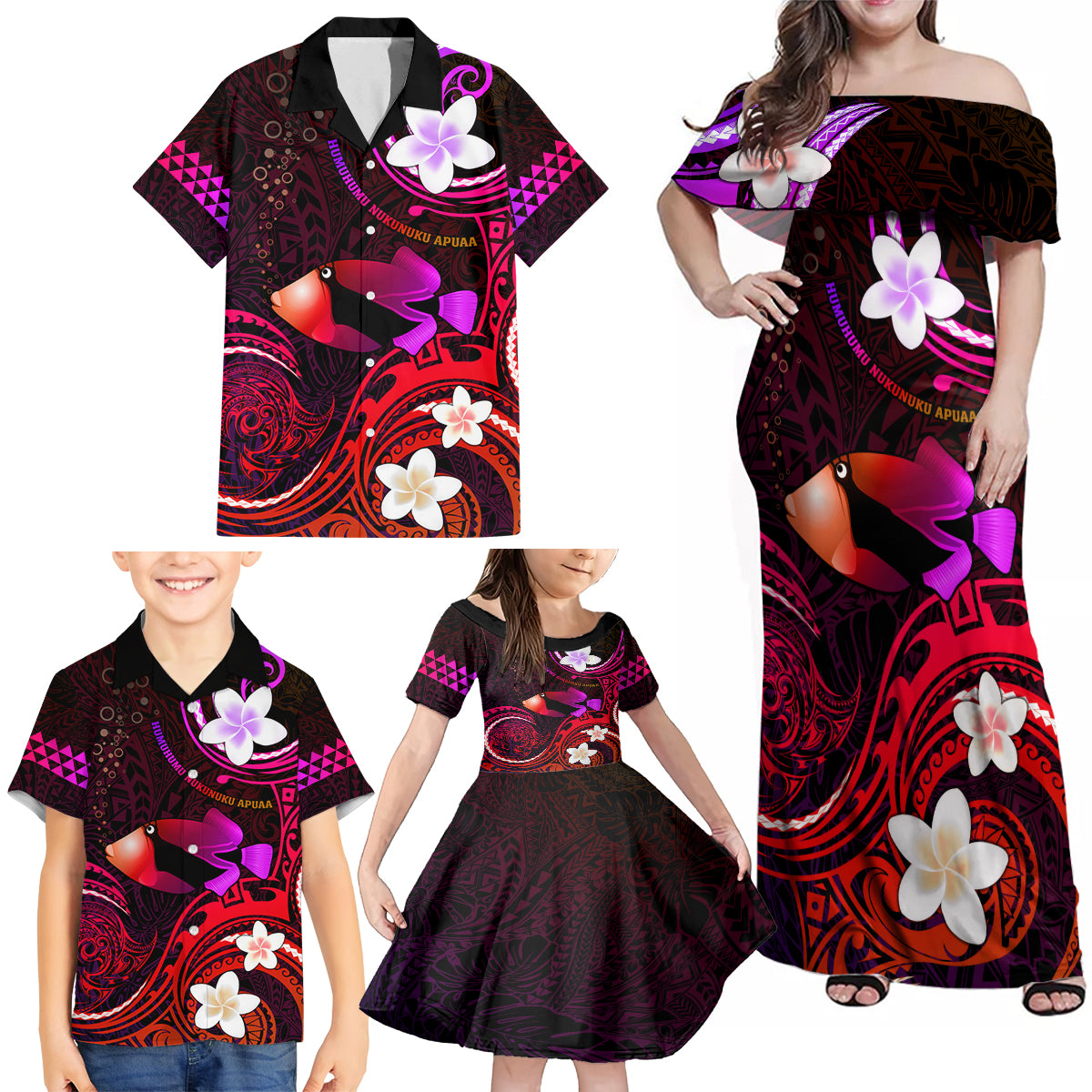 Personalised Hawaii Humuhumu Reef Triggerfish Family Matching Off Shoulder Maxi Dress and Hawaiian Shirt Maroon With Plumeria LT05 - Polynesian Pride