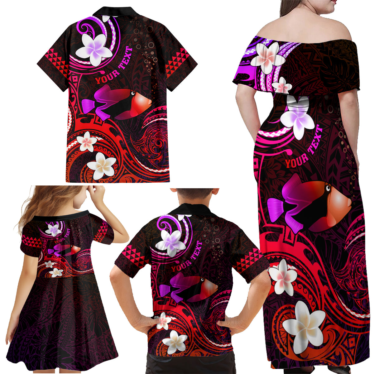 Personalised Hawaii Humuhumu Reef Triggerfish Family Matching Off Shoulder Maxi Dress and Hawaiian Shirt Maroon With Plumeria LT05 - Polynesian Pride