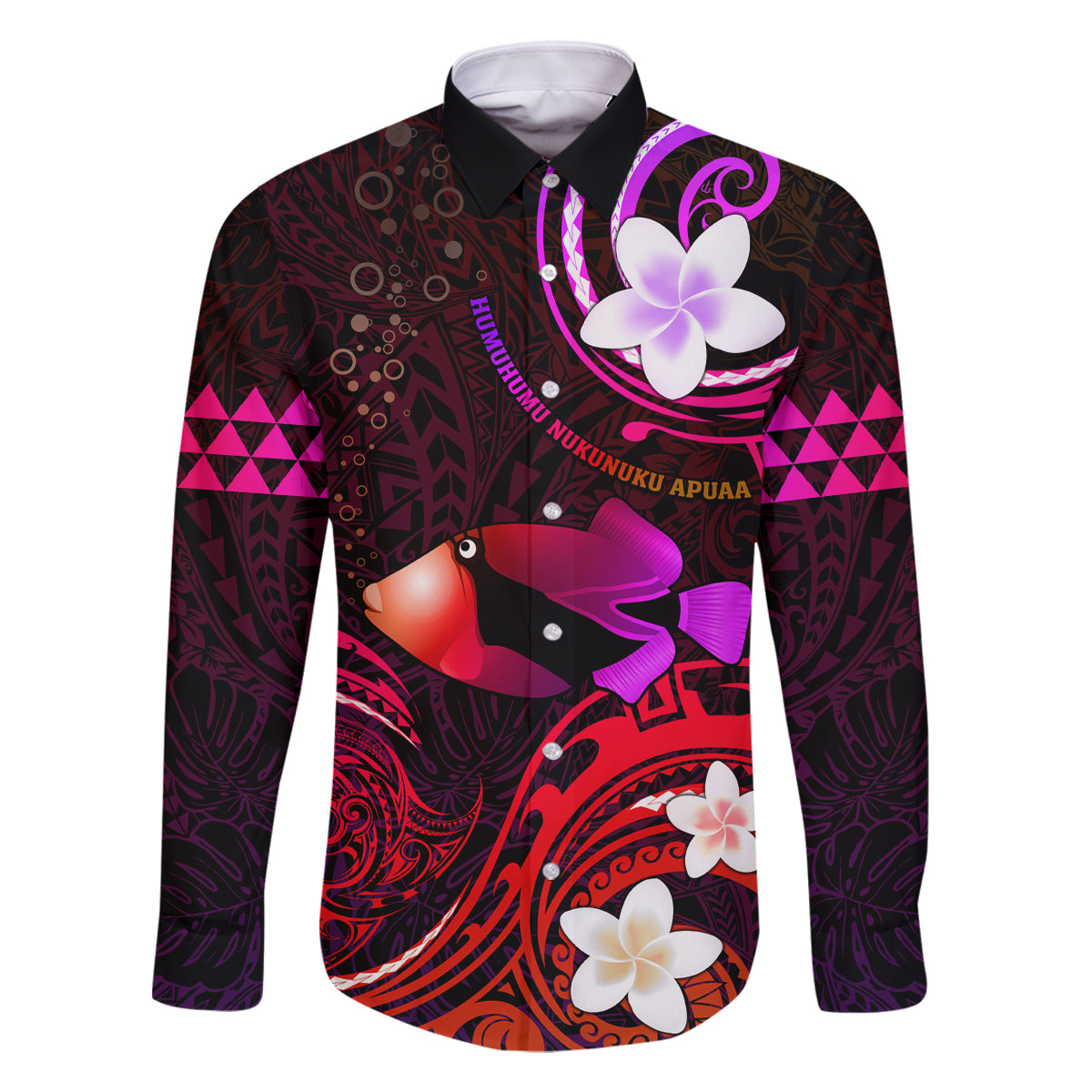 Personalised Hawaii Humuhumu Reef Triggerfish Family Matching Off Shoulder Maxi Dress and Hawaiian Shirt Maroon With Plumeria LT05 Dad's Shirt - Long Sleeve Maroon - Polynesian Pride