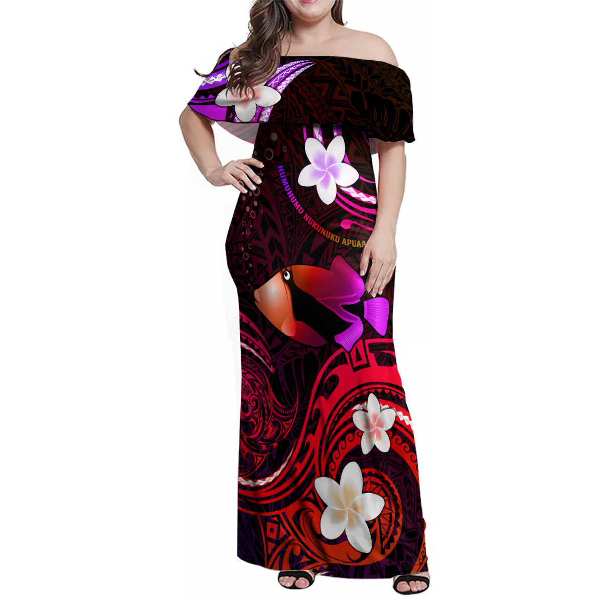 Personalised Hawaii Humuhumu Reef Triggerfish Family Matching Off Shoulder Maxi Dress and Hawaiian Shirt Maroon With Plumeria LT05 Mom's Dress Maroon - Polynesian Pride