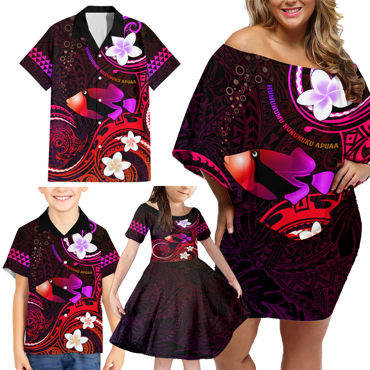 Personalised Hawaii Humuhumu Reef Triggerfish Family Matching Off Shoulder Short Dress and Hawaiian Shirt Maroon With Plumeria LT05 - Polynesian Pride