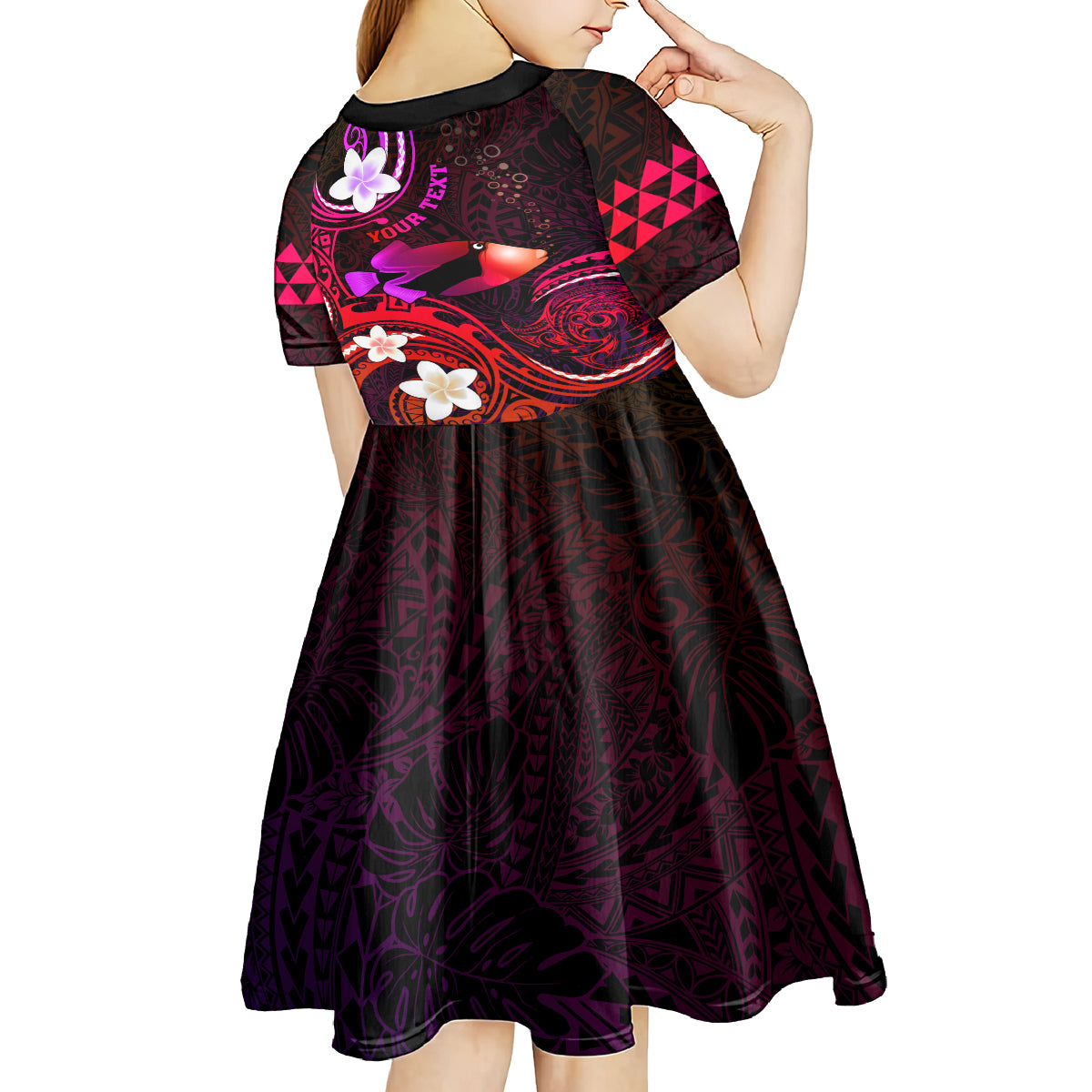 Personalised Hawaii Humuhumu Reef Triggerfish Kid Short Sleeve Dress Maroon With Plumeria LT05 - Polynesian Pride