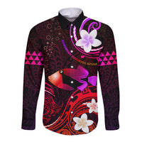 Personalised Hawaii Humuhumu Reef Triggerfish Long Sleeve Button Shirt Maroon With Plumeria LT05 Unisex Maroon - Polynesian Pride