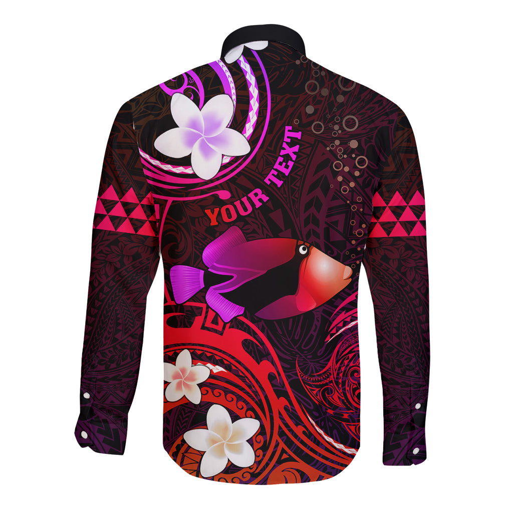 Personalised Hawaii Humuhumu Reef Triggerfish Long Sleeve Button Shirt Maroon With Plumeria LT05 - Polynesian Pride
