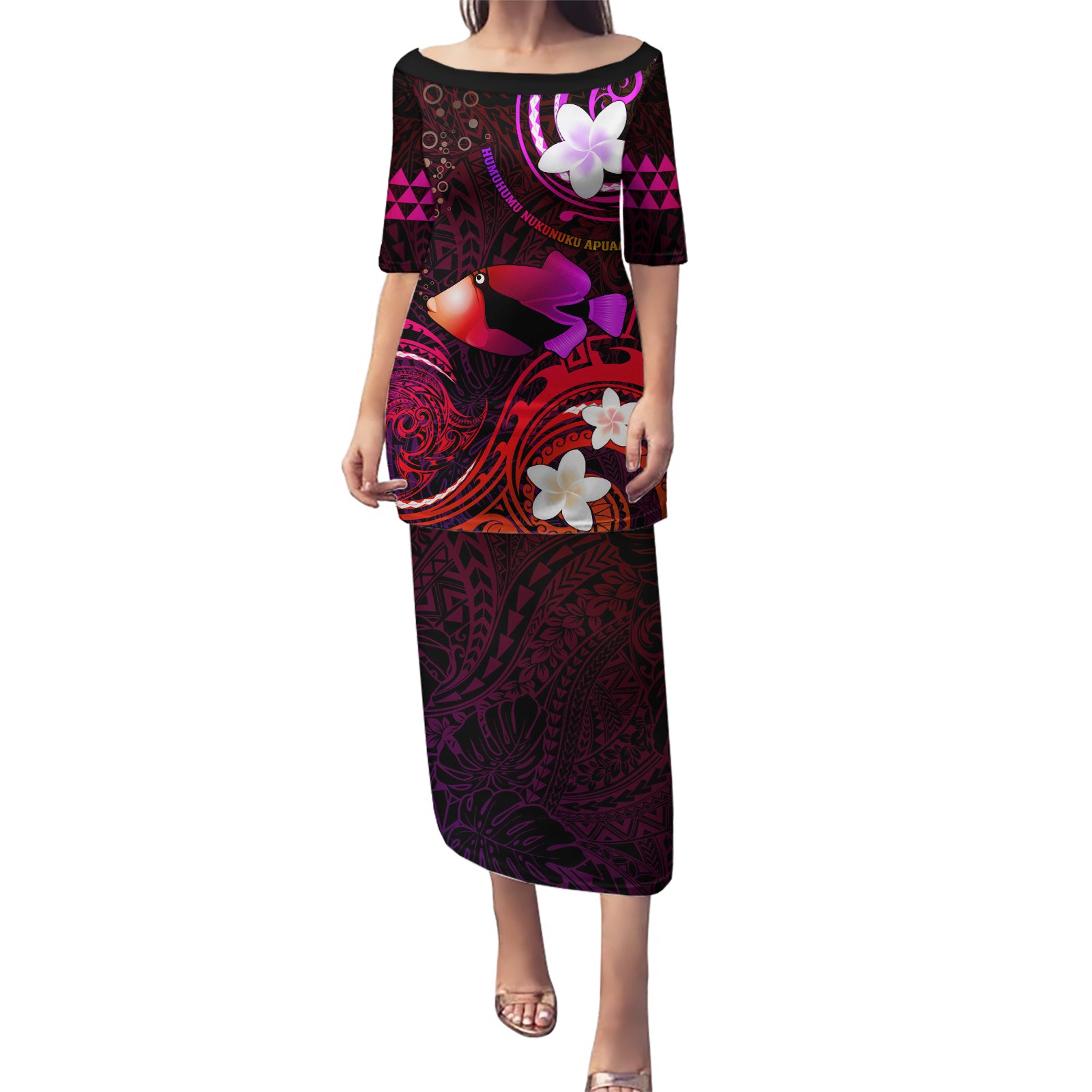 Personalised Hawaii Humuhumu Reef Triggerfish Puletasi Maroon With Plumeria LT05 Long Dress Maroon - Polynesian Pride