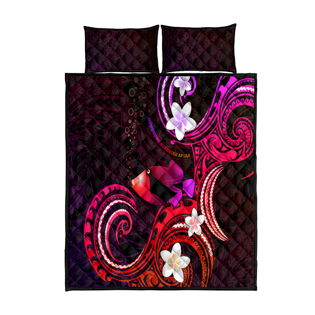 Hawaii Humuhumu Reef Triggerfish Quilt Bed Set Maroon With Plumeria LT05 Maroon - Polynesian Pride