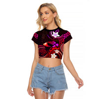 Personalised Hawaii Humuhumu Reef Triggerfish Raglan Cropped T Shirt Maroon With Plumeria LT05 Female Maroon - Polynesian Pride