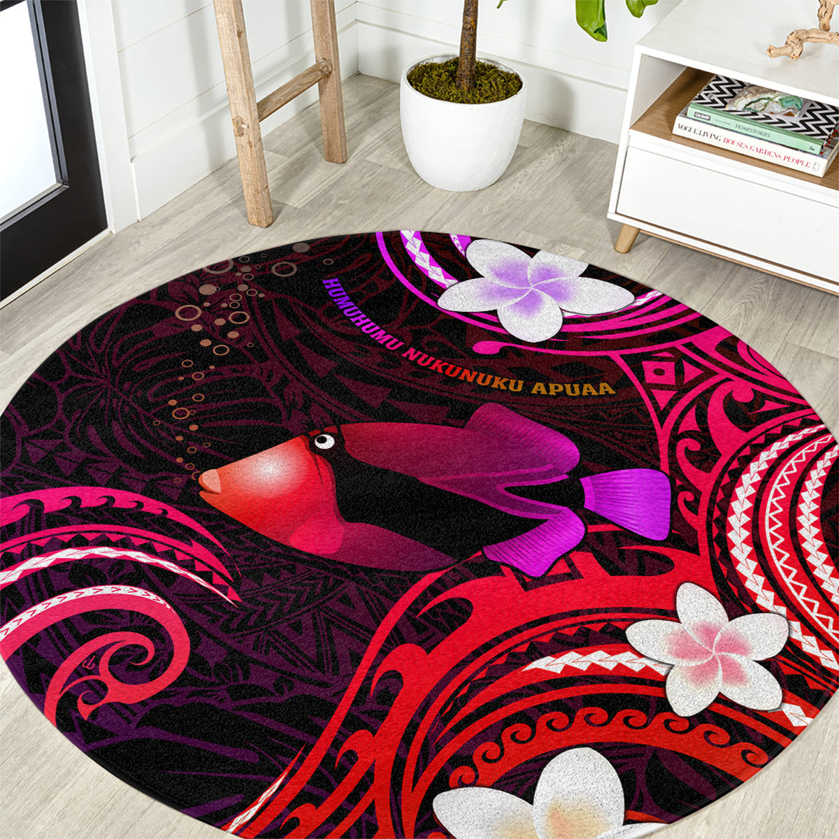 Hawaii Humuhumu Reef Triggerfish Round Carpet Maroon With Plumeria LT05 Maroon - Polynesian Pride