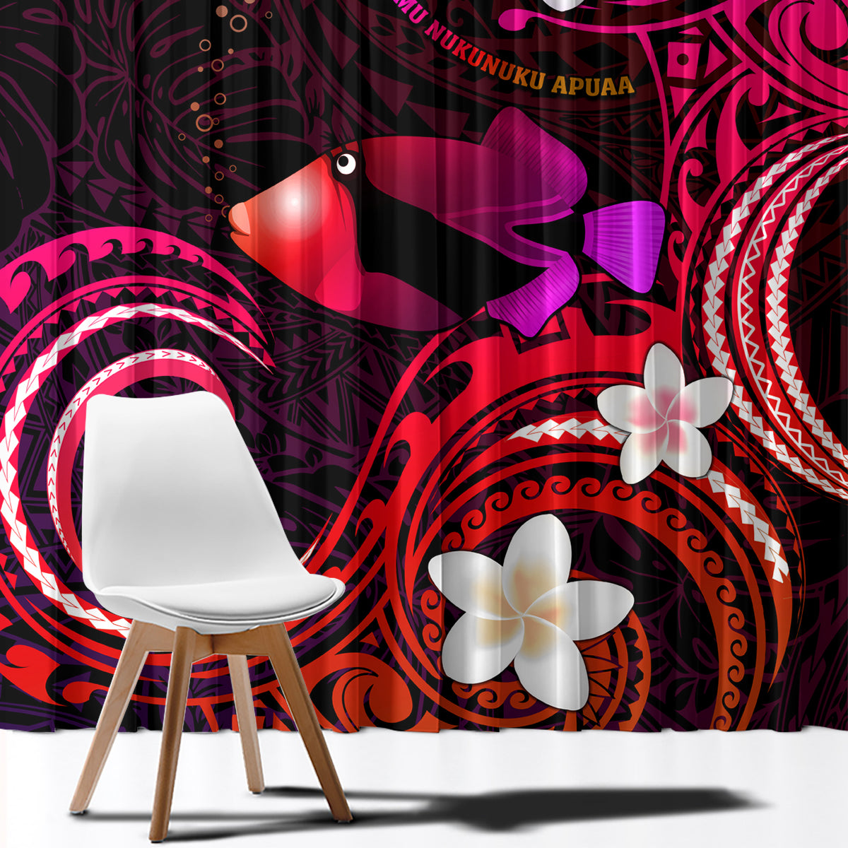 Hawaii Humuhumu Reef Triggerfish Window Curtain Maroon With Plumeria LT05 - Polynesian Pride