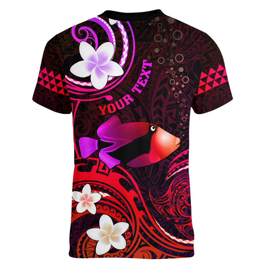 Personalised Hawaii Humuhumu Reef Triggerfish Women V Neck T Shirt Maroon With Plumeria LT05 - Polynesian Pride