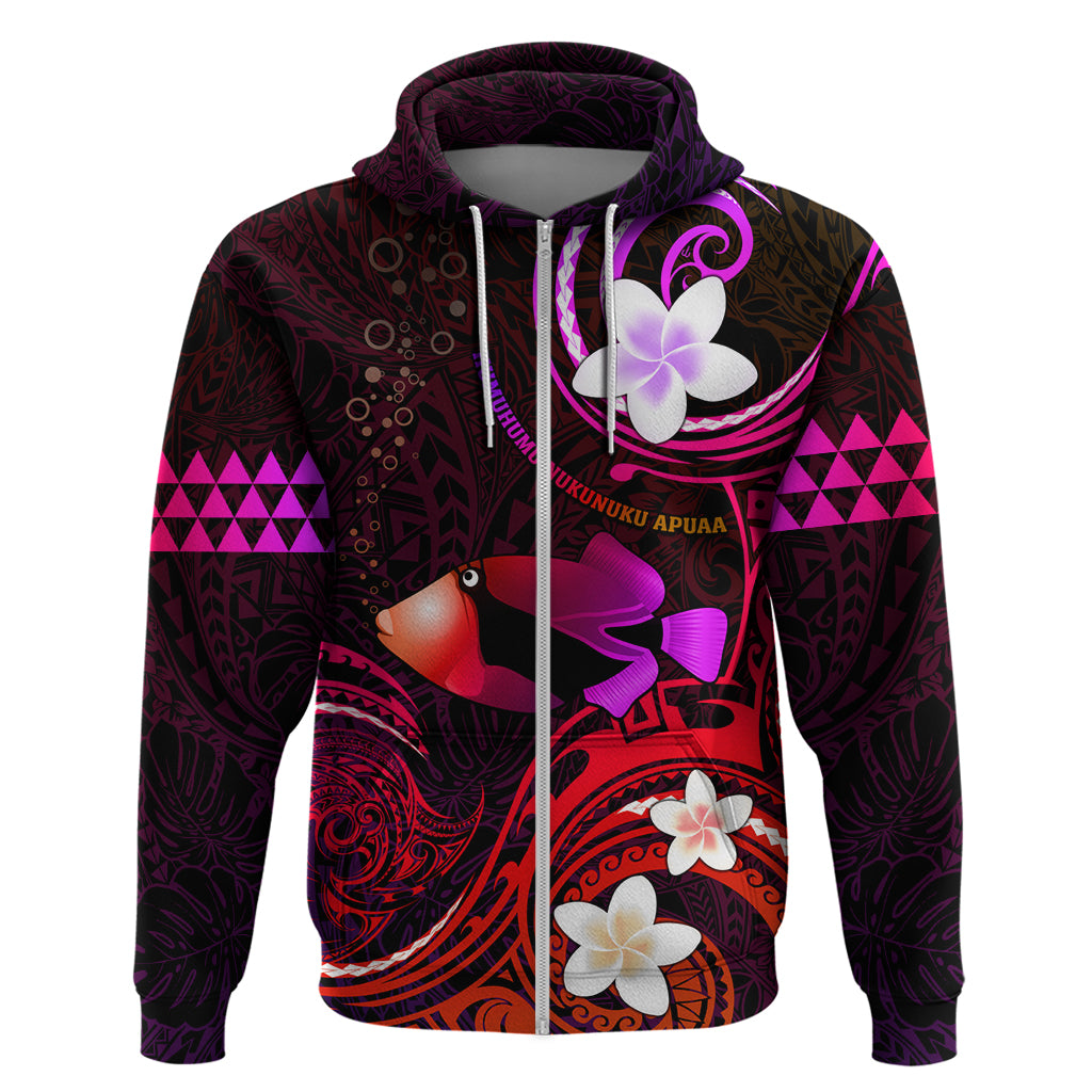 Personalised Hawaii Humuhumu Reef Triggerfish Zip Hoodie Maroon With Plumeria LT05 Zip Hoodie Maroon - Polynesian Pride