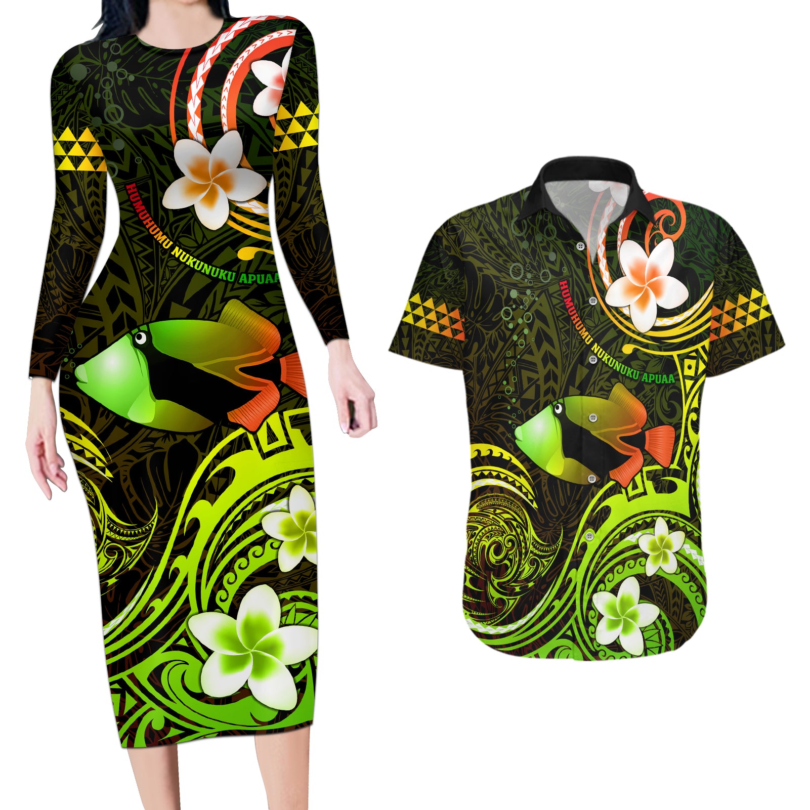 Personalised Hawaii Humuhumu Reef Triggerfish Couples Matching Long Sleeve Bodycon Dress and Hawaiian Shirt Reggae With Plumeria LT05 Reggae - Polynesian Pride