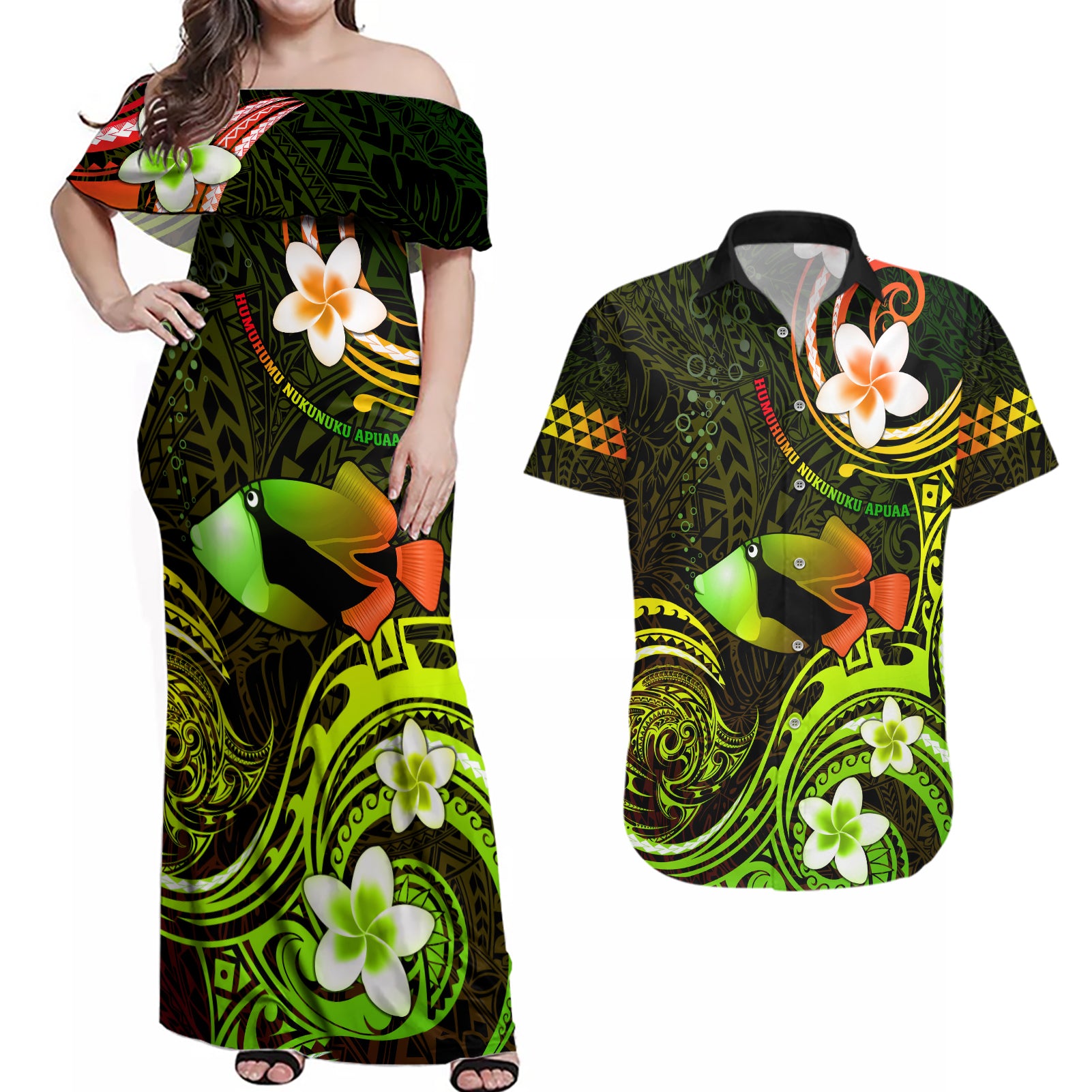 Personalised Hawaii Humuhumu Reef Triggerfish Couples Matching Off Shoulder Maxi Dress and Hawaiian Shirt Reggae With Plumeria LT05 Reggae - Polynesian Pride