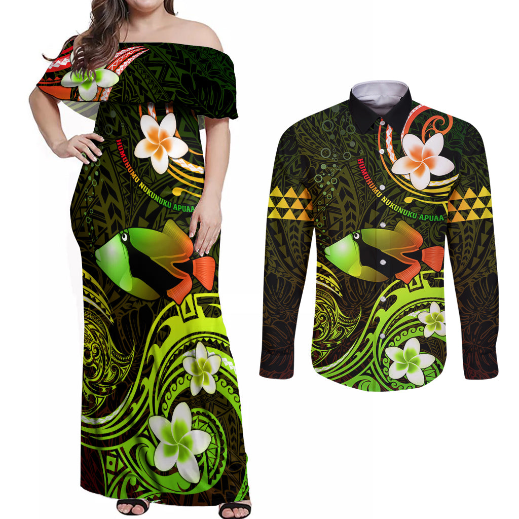 Personalised Hawaii Humuhumu Reef Triggerfish Couples Matching Off Shoulder Maxi Dress and Long Sleeve Button Shirt Reggae With Plumeria LT05 Reggae - Polynesian Pride