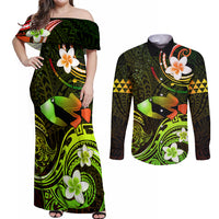 Personalised Hawaii Humuhumu Reef Triggerfish Couples Matching Off Shoulder Maxi Dress and Long Sleeve Button Shirt Reggae With Plumeria LT05 Reggae - Polynesian Pride