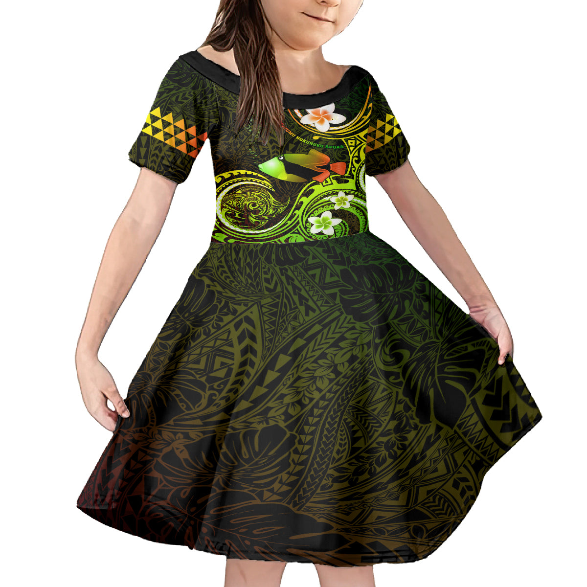 Personalised Hawaii Humuhumu Reef Triggerfish Family Matching Long Sleeve Bodycon Dress and Hawaiian Shirt Reggae With Plumeria LT05 Daughter's Dress Reggae - Polynesian Pride