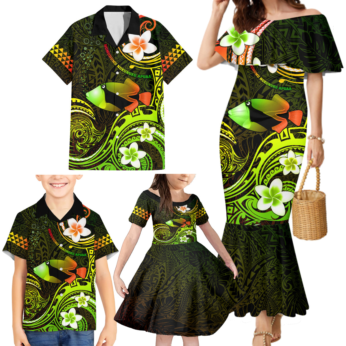 Personalised Hawaii Humuhumu Reef Triggerfish Family Matching Mermaid Dress and Hawaiian Shirt Reggae With Plumeria LT05 - Polynesian Pride