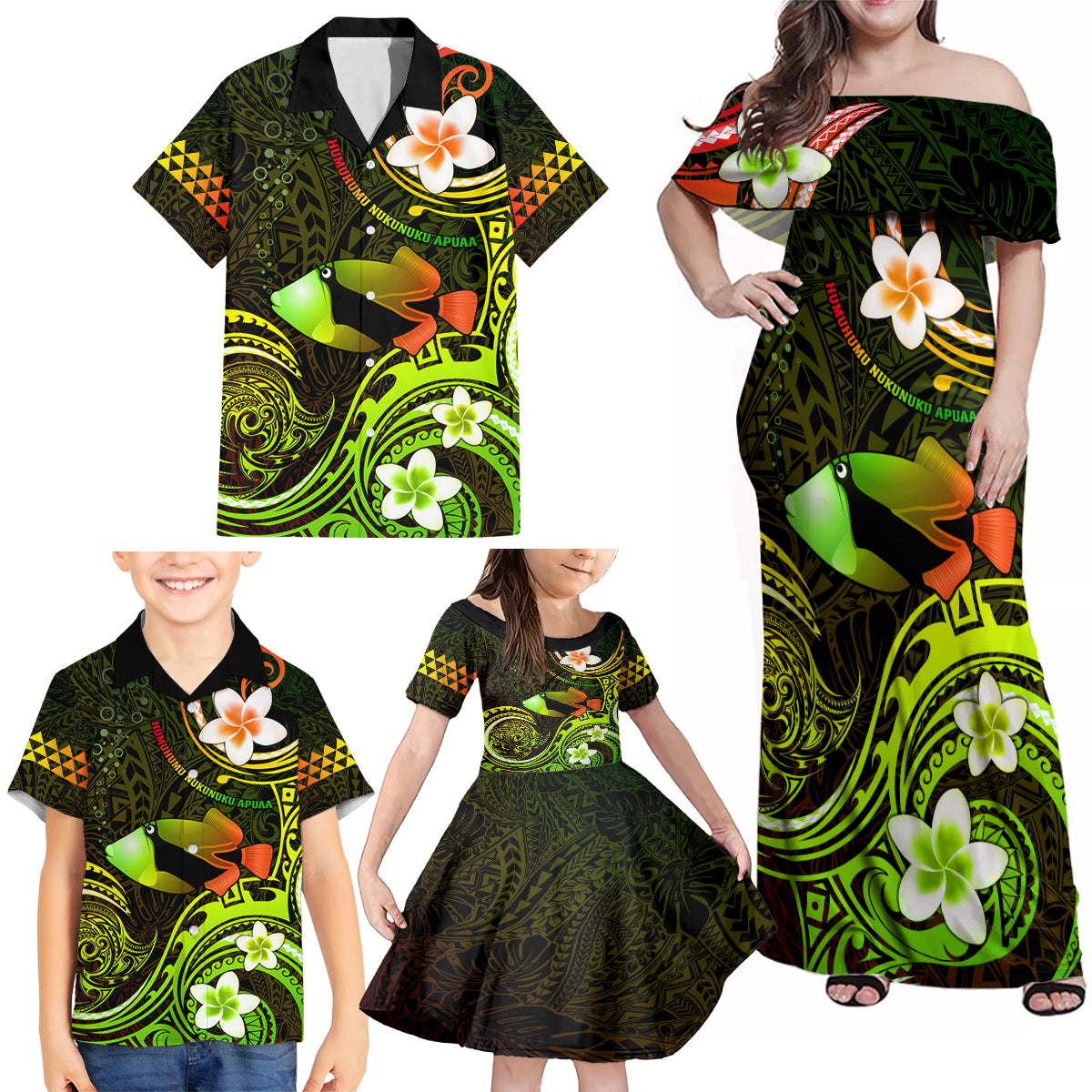 Personalised Hawaii Humuhumu Reef Triggerfish Family Matching Off Shoulder Maxi Dress and Hawaiian Shirt Reggae With Plumeria LT05 - Polynesian Pride