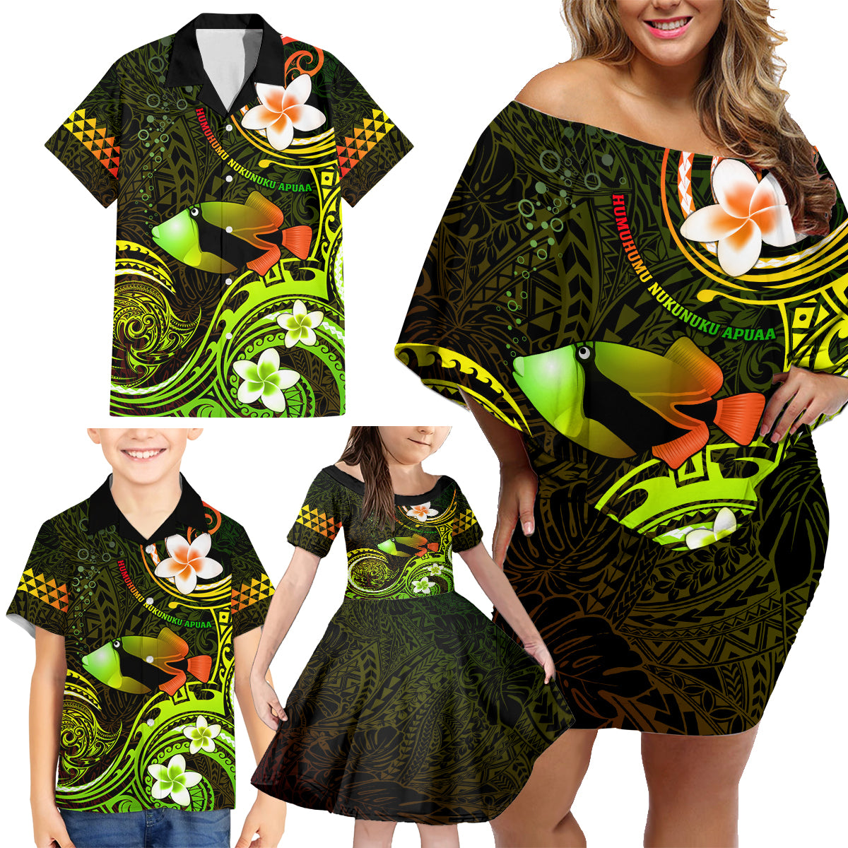 Personalised Hawaii Humuhumu Reef Triggerfish Family Matching Off Shoulder Short Dress and Hawaiian Shirt Reggae With Plumeria LT05 - Polynesian Pride