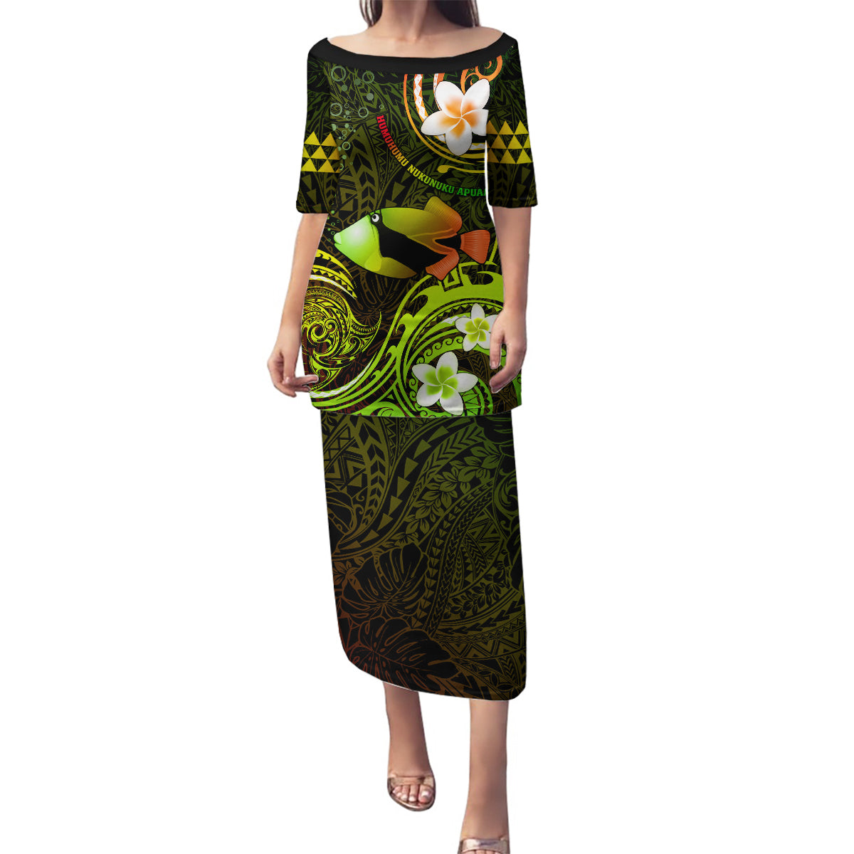 Personalised Hawaii Humuhumu Reef Triggerfish Family Matching Puletasi and Hawaiian Shirt Reggae With Plumeria LT05 Mom's Dress Reggae - Polynesian Pride