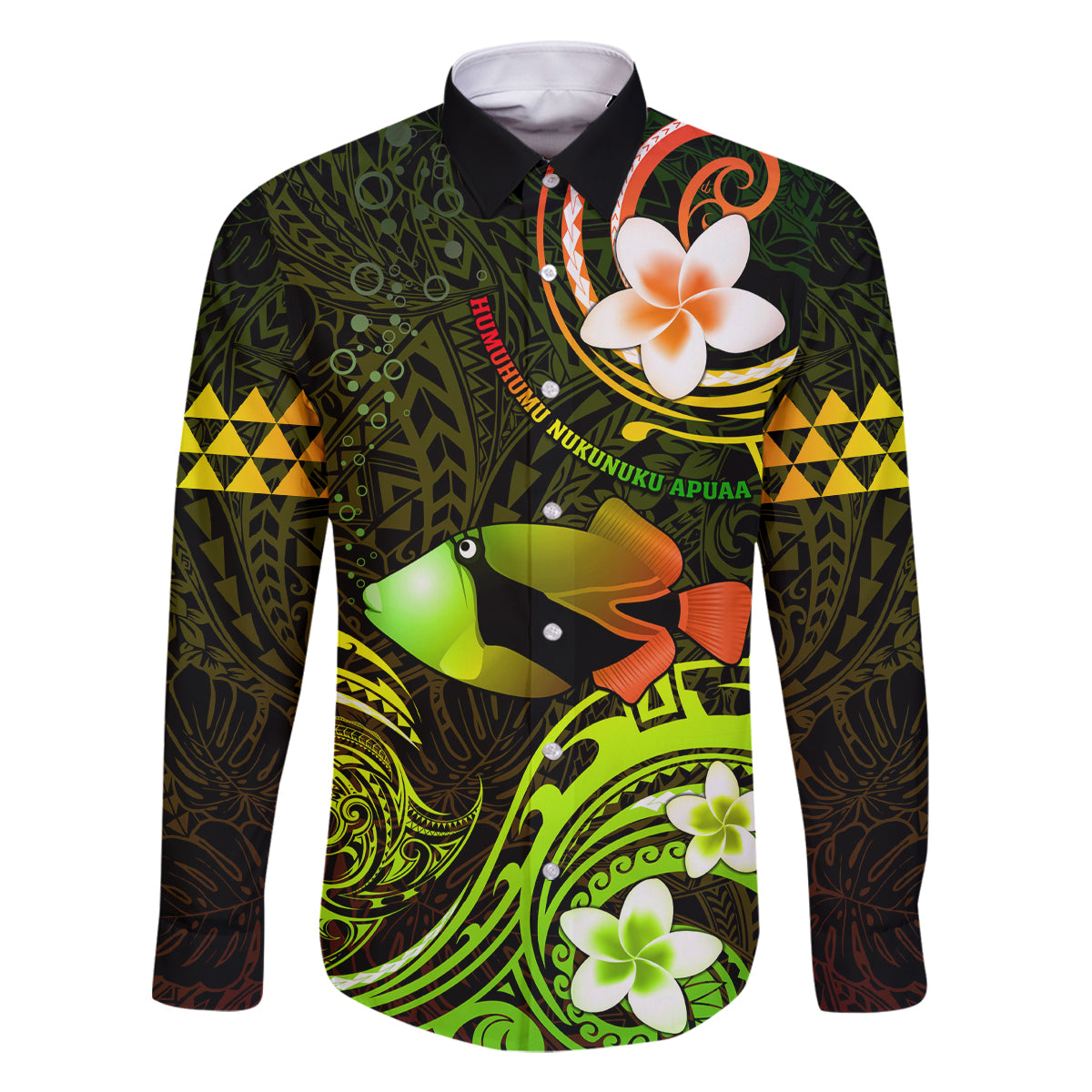 Personalised Hawaii Humuhumu Reef Triggerfish Family Matching Tank Maxi Dress and Hawaiian Shirt Reggae With Plumeria LT05 Dad's Shirt - Long Sleeve Reggae - Polynesian Pride