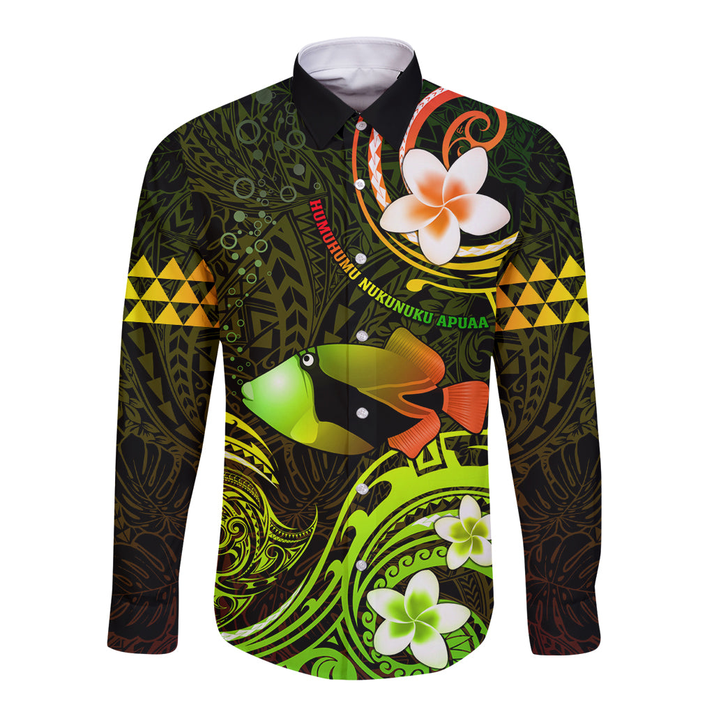 Personalised Hawaii Humuhumu Reef Triggerfish Long Sleeve Button Shirt Reggae With Plumeria LT05 Unisex Reggae - Polynesian Pride