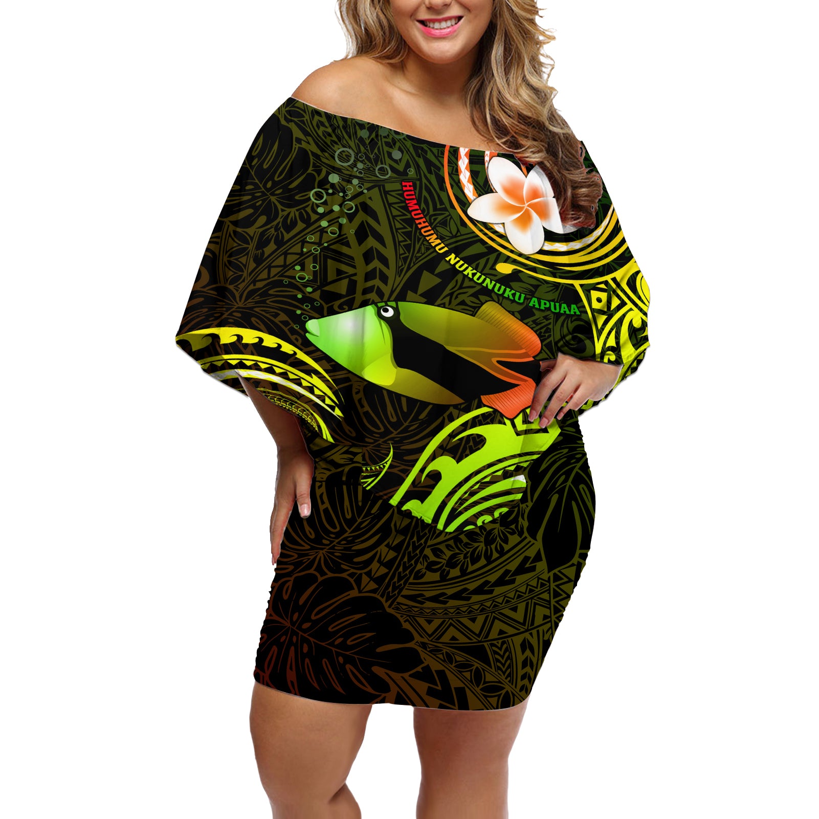 Personalised Hawaii Humuhumu Reef Triggerfish Off Shoulder Short Dress Reggae With Plumeria LT05 Women Reggae - Polynesian Pride