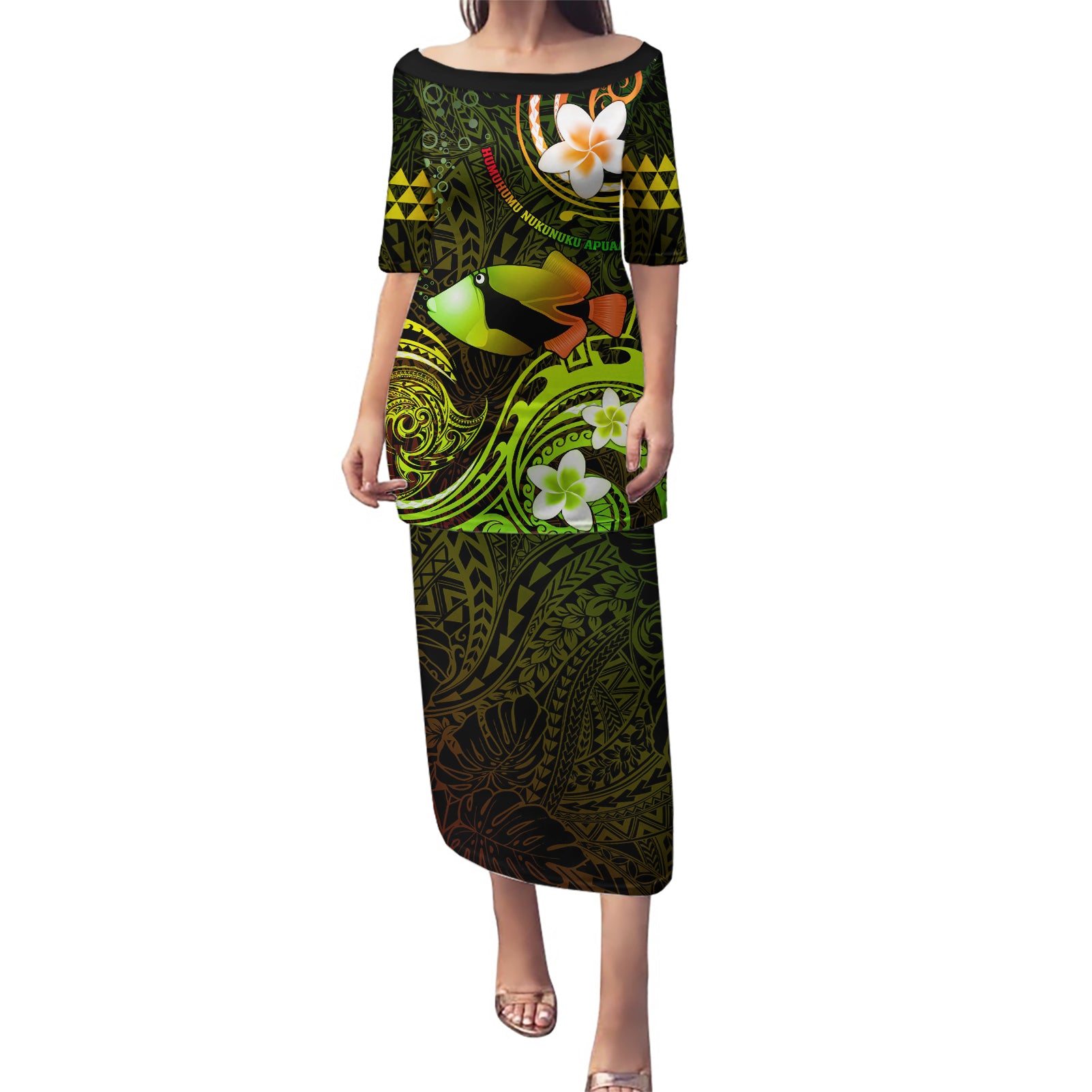 Personalised Hawaii Humuhumu Reef Triggerfish Puletasi Reggae With Plumeria LT05 Long Dress Reggae - Polynesian Pride