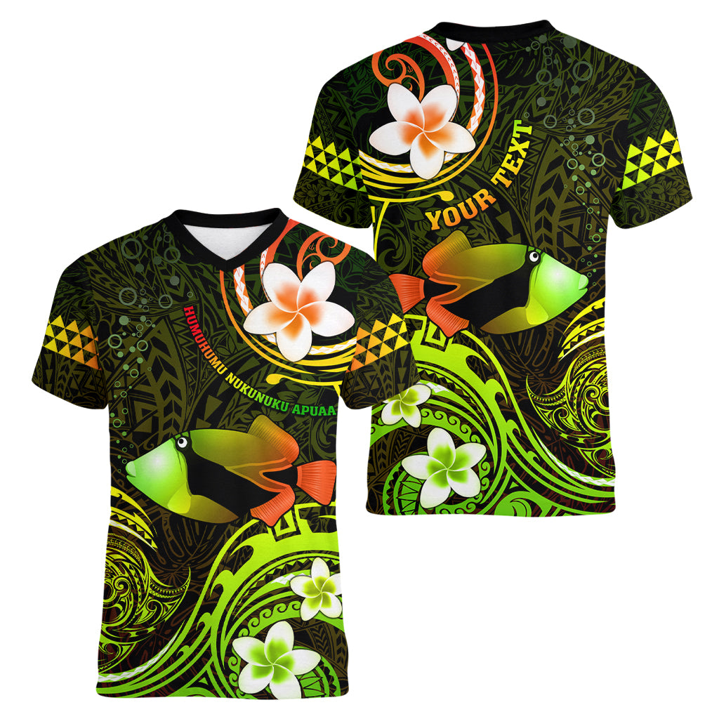 Personalised Hawaii Humuhumu Reef Triggerfish Women V Neck T Shirt Reggae With Plumeria LT05 - Polynesian Pride