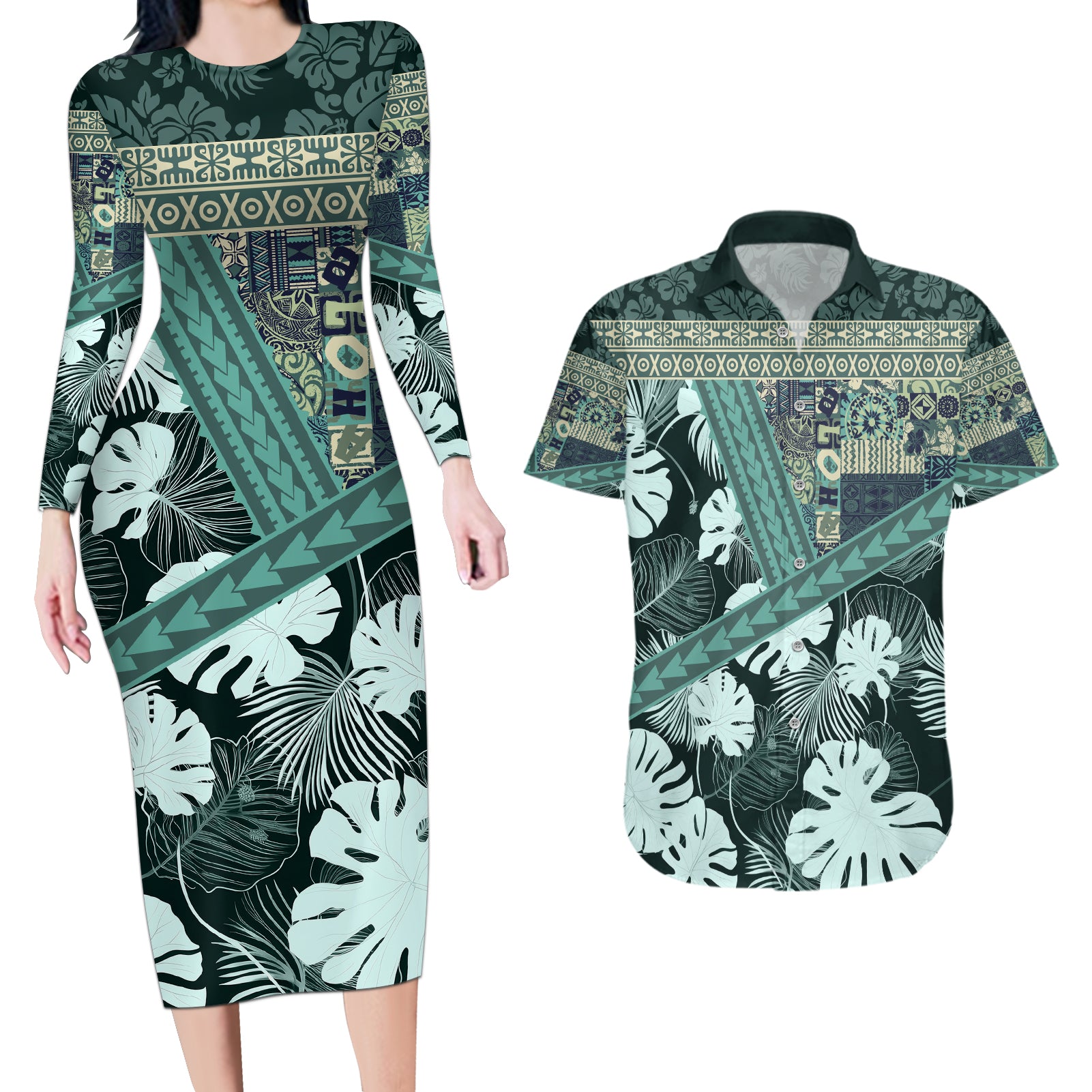 Hawaii Plant Kalo Couples Matching Long Sleeve Bodycon Dress and Hawaiian Shirt Hawaiian Tapa Pattern LT05 Green - Polynesian Pride