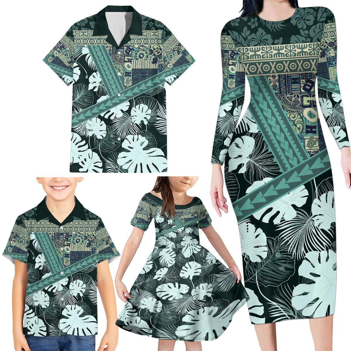 Hawaii Plant Kalo Family Matching Long Sleeve Bodycon Dress and Hawaiian Shirt Hawaiian Tapa Pattern LT05 - Polynesian Pride