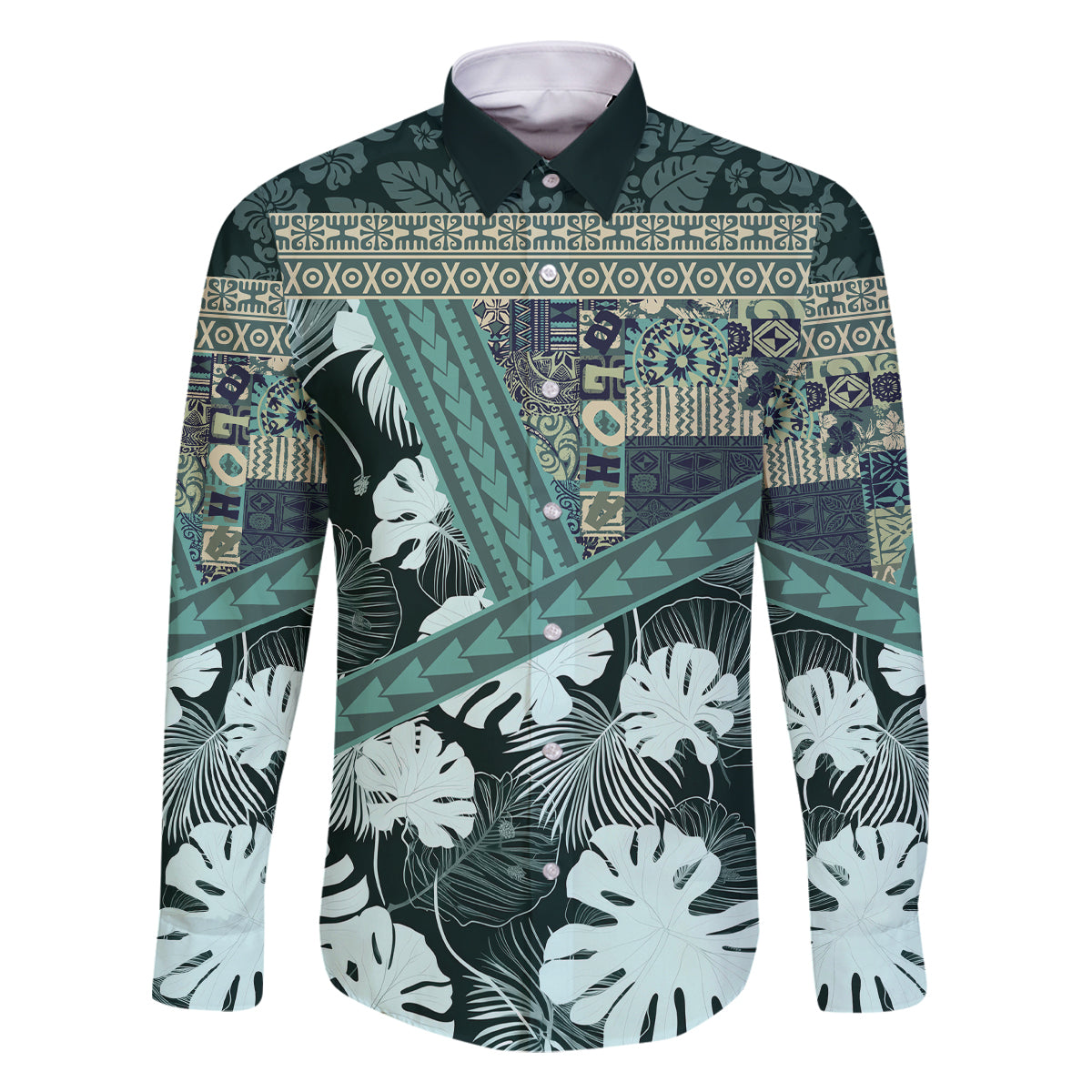 Hawaii Plant Kalo Family Matching Off Shoulder Maxi Dress and Hawaiian Shirt Hawaiian Tapa Pattern LT05 Dad's Shirt - Long Sleeve Green - Polynesian Pride