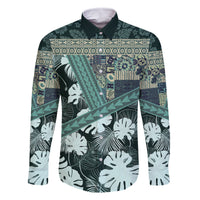 Hawaii Plant Kalo Family Matching Off Shoulder Maxi Dress and Hawaiian Shirt Hawaiian Tapa Pattern LT05 Dad's Shirt - Long Sleeve Green - Polynesian Pride