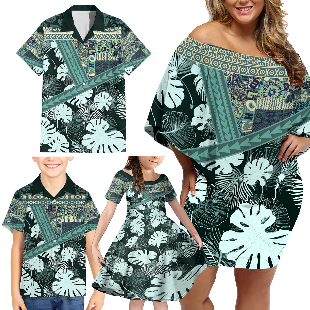 Hawaii Plant Kalo Family Matching Off Shoulder Short Dress and Hawaiian Shirt Hawaiian Tapa Pattern LT05 - Polynesian Pride