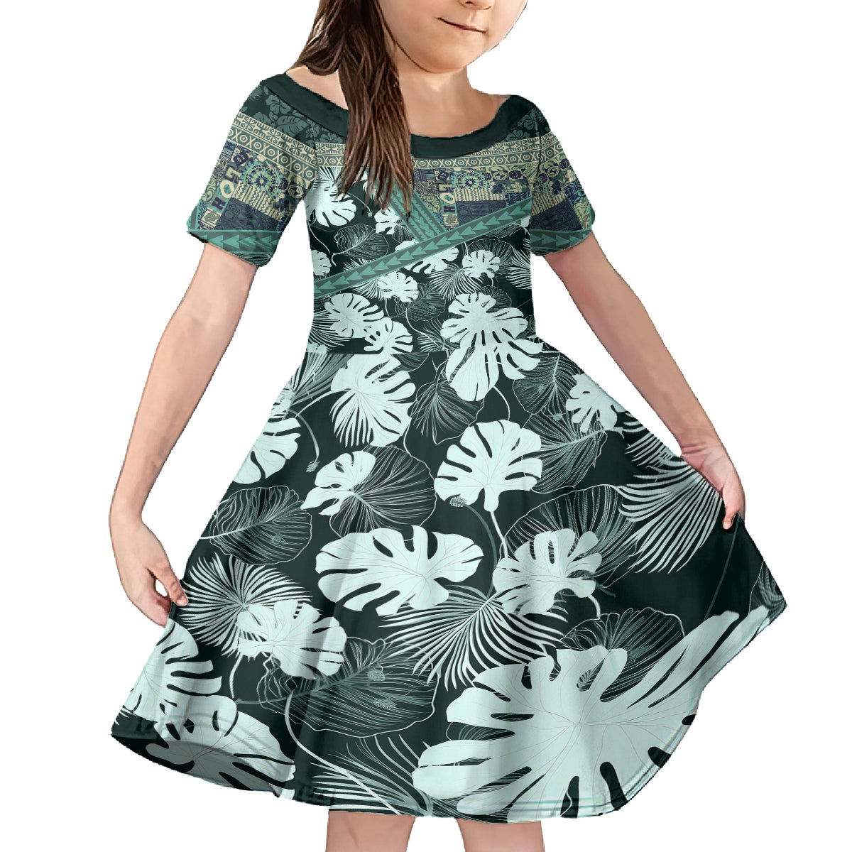 Hawaii Plant Kalo Family Matching Tank Maxi Dress and Hawaiian Shirt Hawaiian Tapa Pattern LT05 Daughter's Dress Green - Polynesian Pride