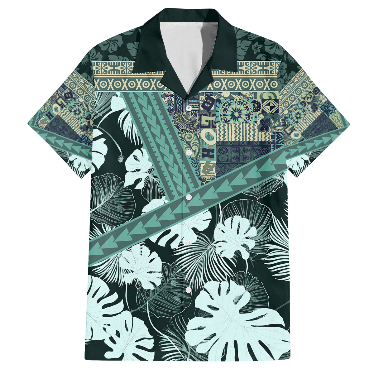 Hawaii Plant Kalo Family Matching Tank Maxi Dress and Hawaiian Shirt Hawaiian Tapa Pattern LT05 Dad's Shirt - Short Sleeve Green - Polynesian Pride