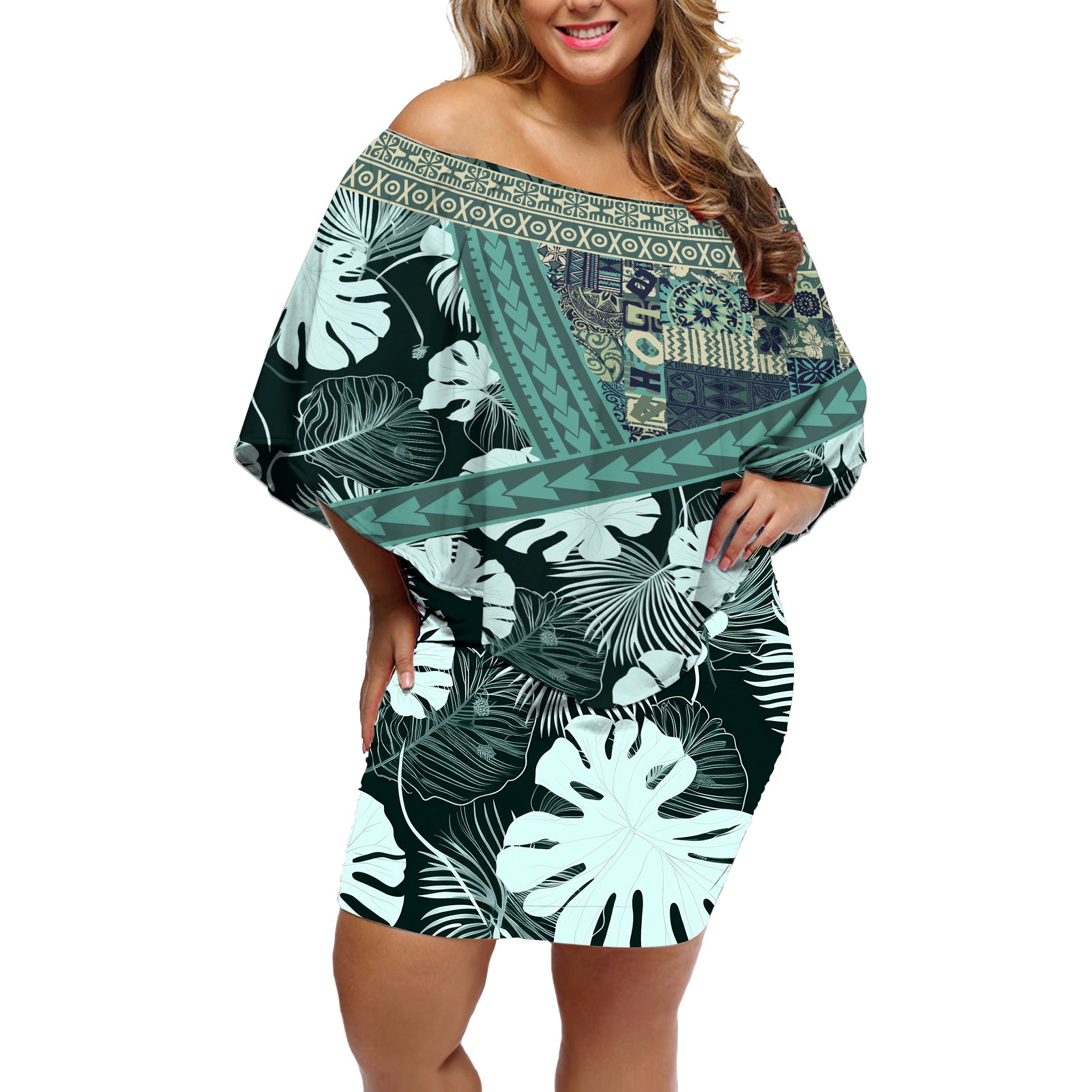 Hawaii Plant Kalo Off Shoulder Short Dress Hawaiian Tapa Pattern LT05 Women Green - Polynesian Pride