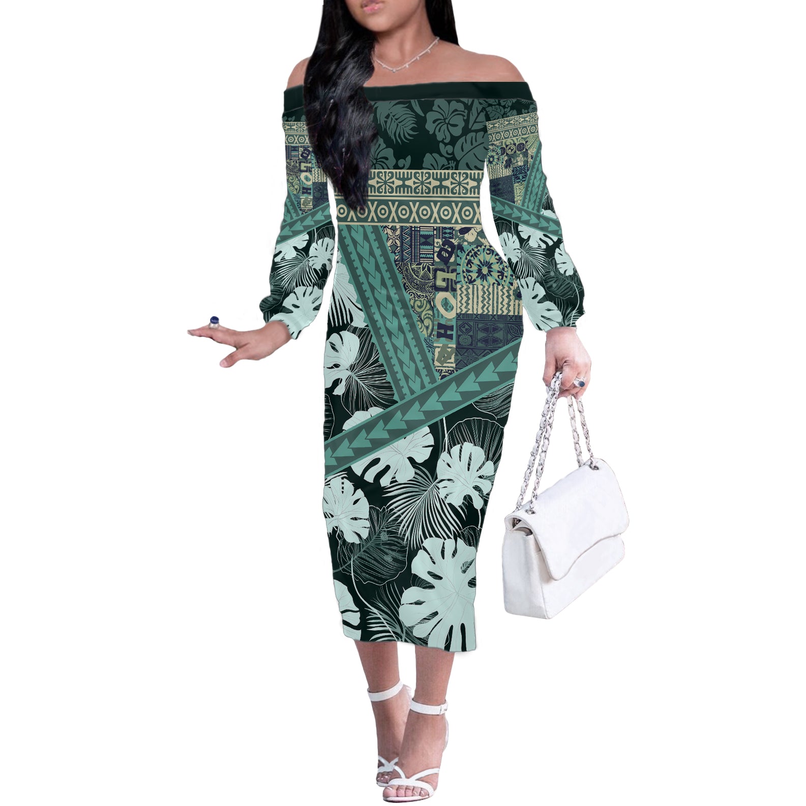 Hawaii Plant Kalo Off The Shoulder Long Sleeve Dress Hawaiian Tapa Pattern LT05 Women Green - Polynesian Pride