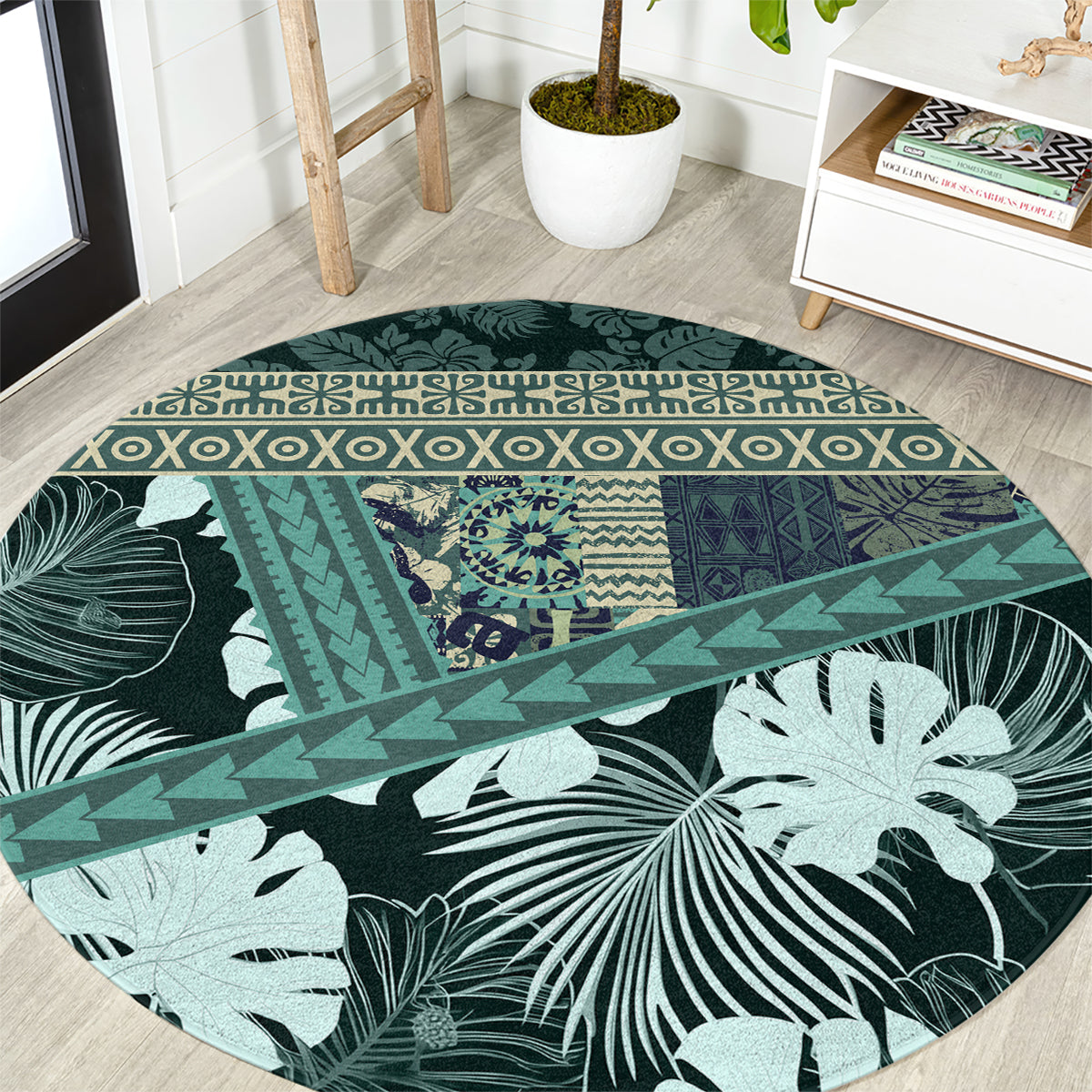 Hawaii Plant Kalo Round Carpet Hawaiian Tapa Pattern LT05 Green - Polynesian Pride