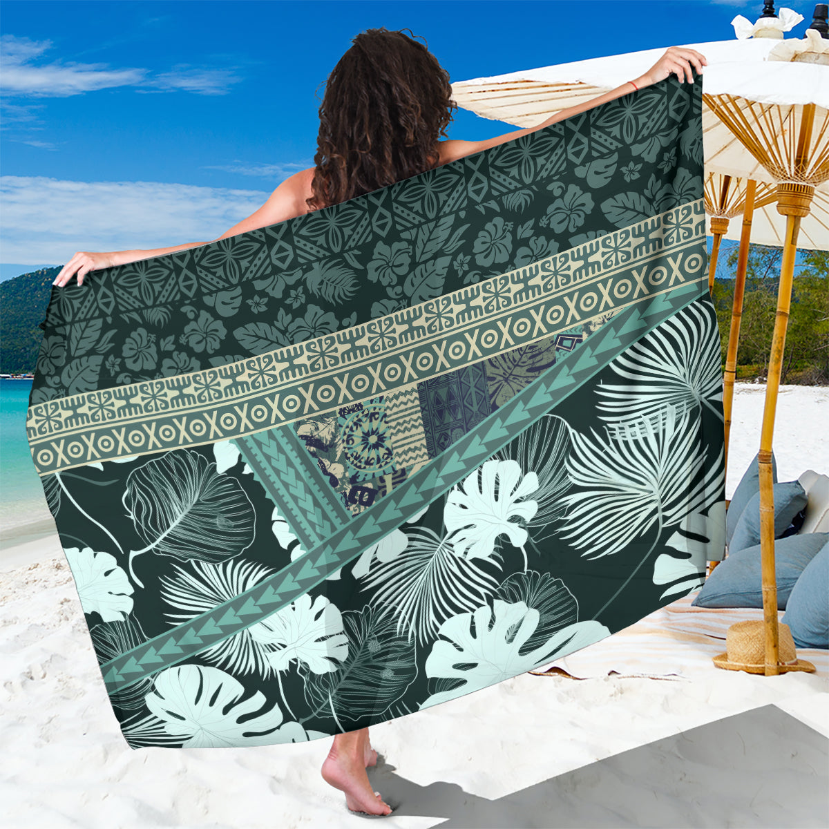 Hawaii Plant Kalo Sarong Hawaiian Tapa Pattern LT05 One Size 44 x 66 inches Green - Polynesian Pride