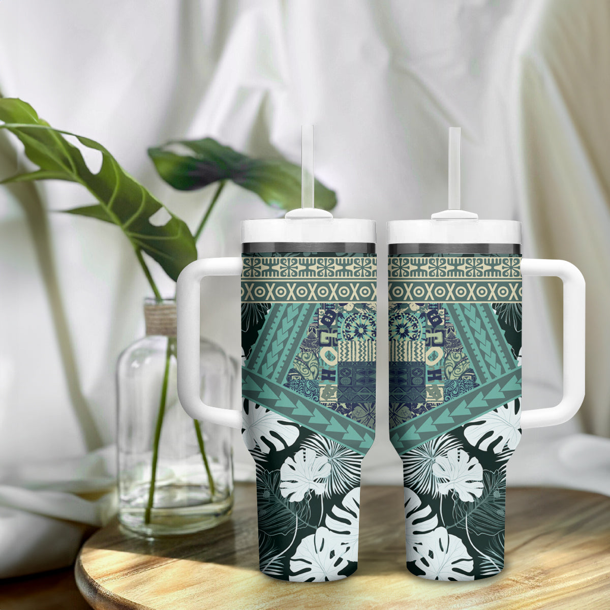 Hawaii Plant Kalo Tumbler With Handle Hawaiian Tapa Pattern