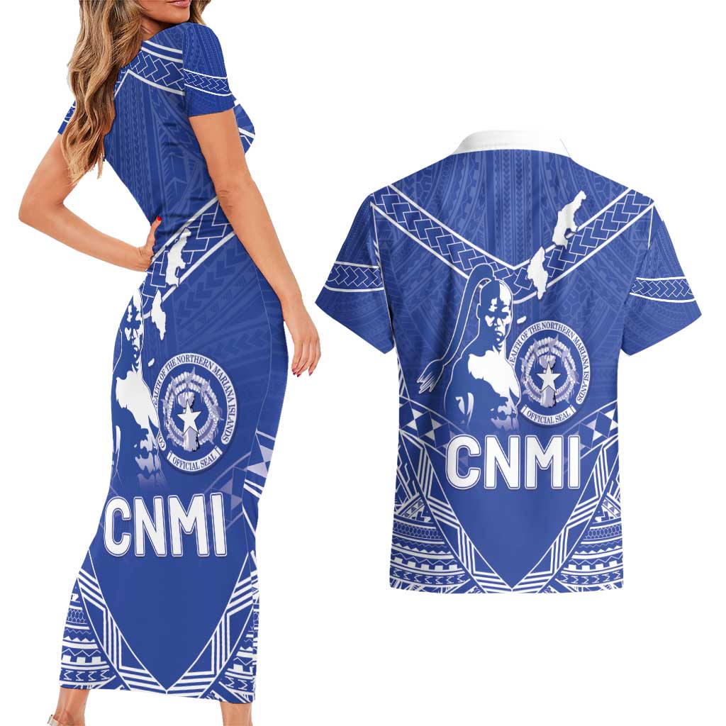Northern Mariana Islands Couples Matching Short Sleeve Bodycon Dress and Hawaiian Shirt Chamorro Warrior Tribal Pattern
