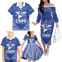Northern Mariana Islands Family Matching Off The Shoulder Long Sleeve Dress and Hawaiian Shirt Chamorro Warrior Tribal Pattern